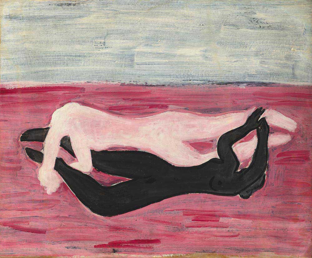 Black Nude, White Nude by Sanyu, two reclining figures overlapping on a vivid pink ground