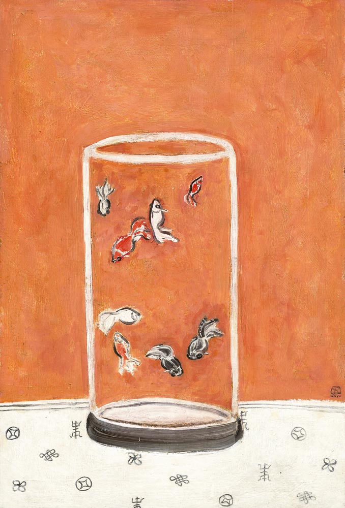 Goldfish by Sanyu, a transparent cylindrical aquarium with small fish against an orange field