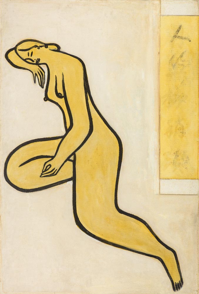 Rendezvous After Sunset by Sanyu, a solitary ochre nude seated against a pale ground beside a narrow yellow panel