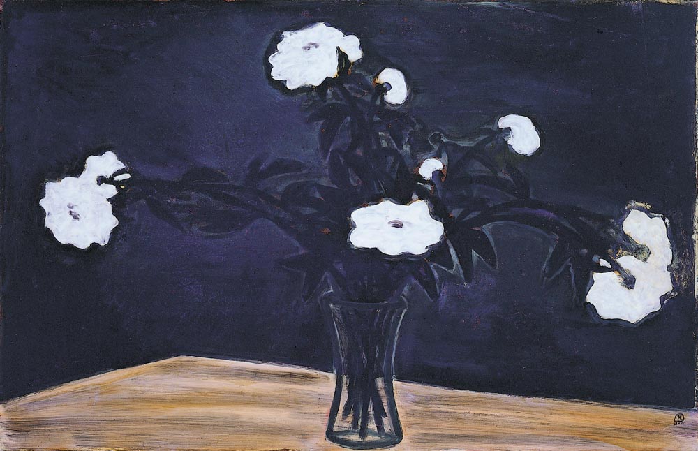 White Peonies in a Glass Vase by Sanyu, white blossoms emerging from dark leaves against a deep blue-black ground