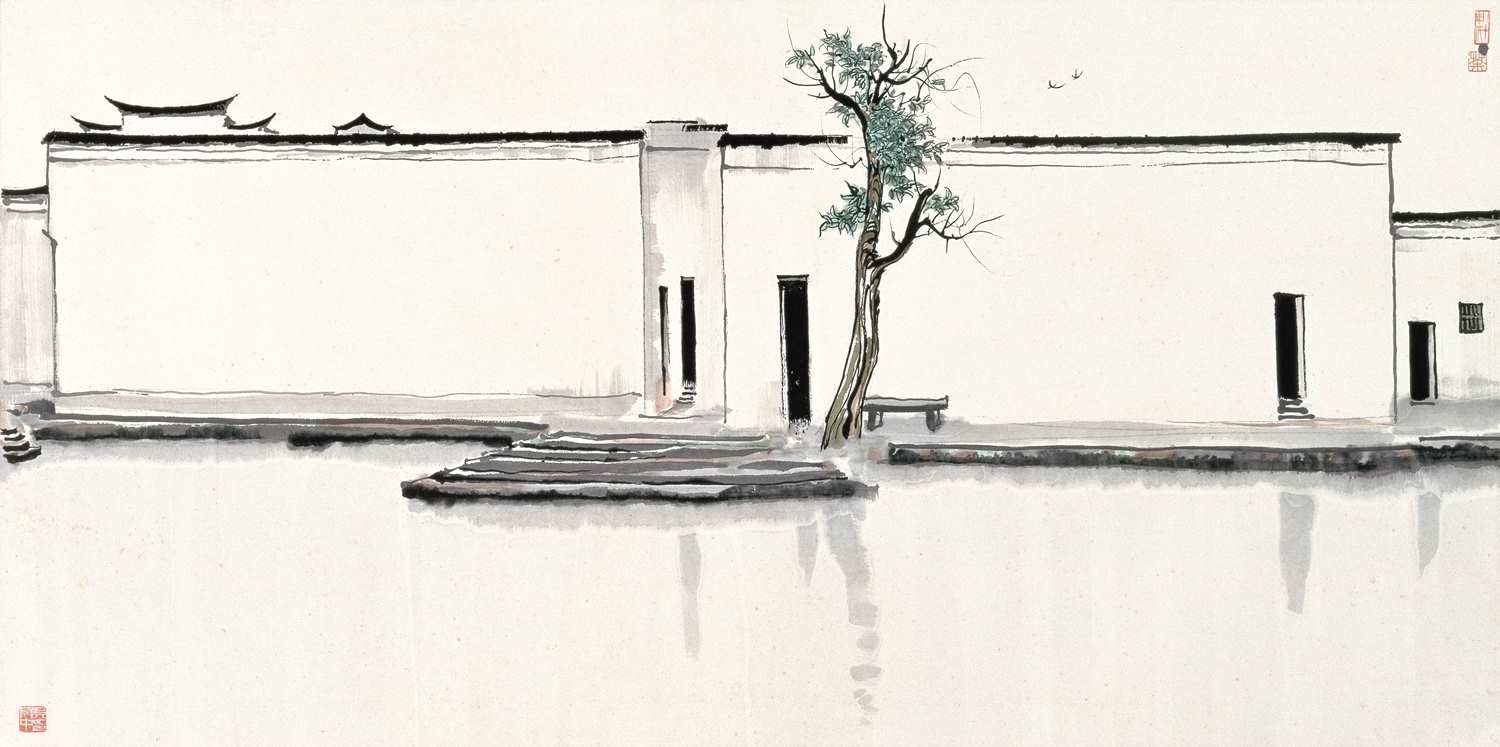 Two Swallows by Wu Guanzhong, an ink painting of white Jiangnan walls, black roofs, bare branches, and two birds