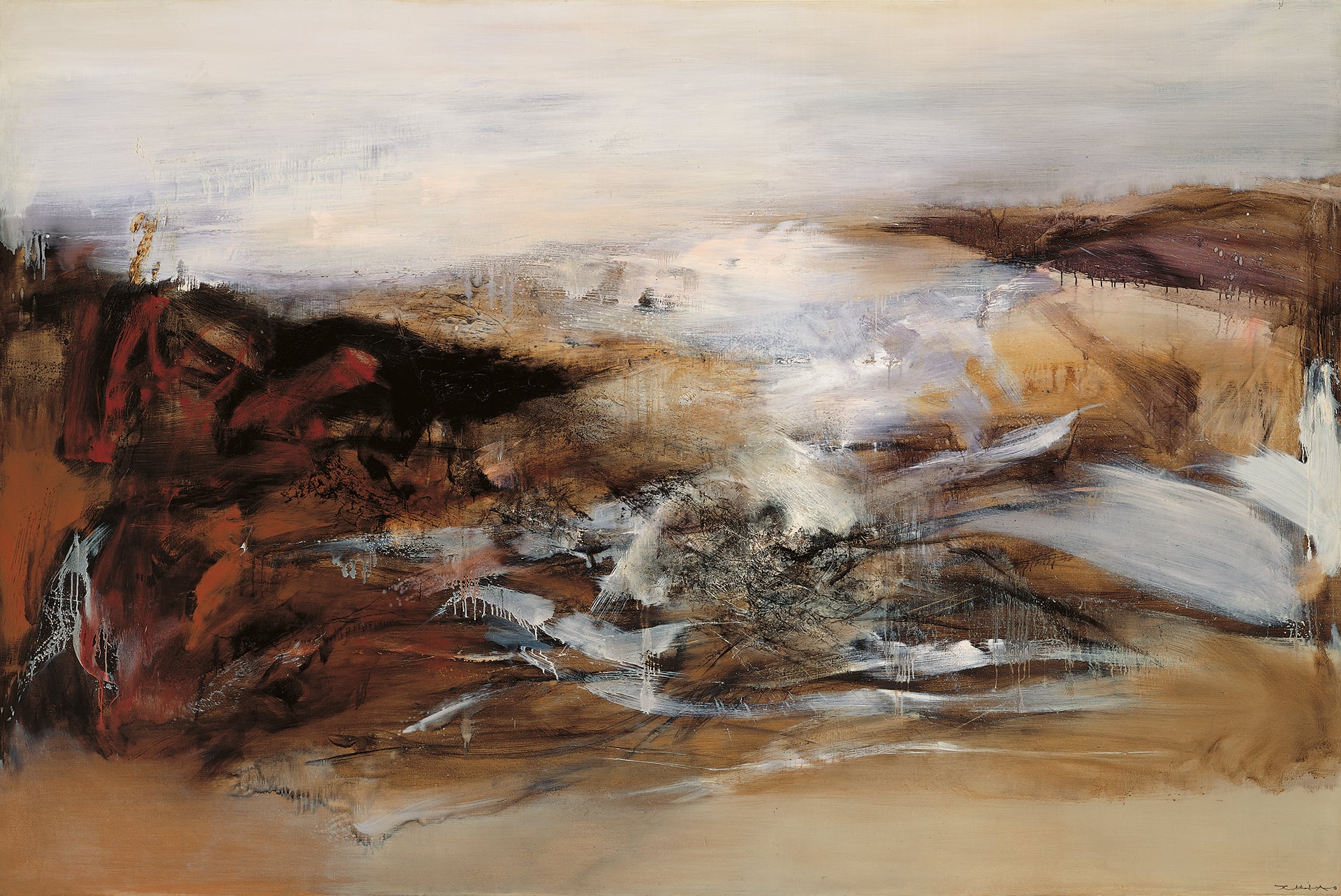 12.08.69 by Zao Wou-Ki, a wide painting of rust, black, cream, and white gestural fields