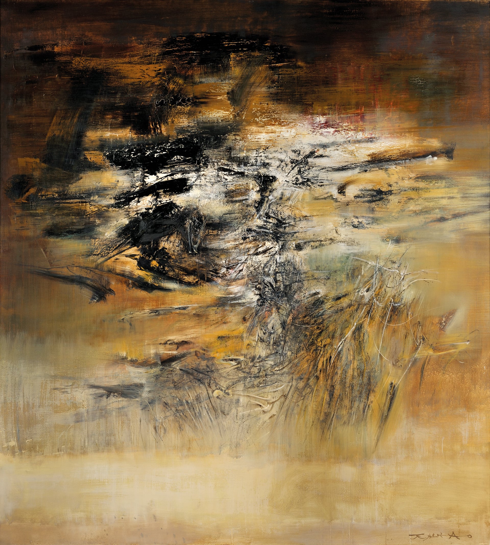 15.12.61 by Zao Wou-Ki, a vertical ochre and black abstract painting organized around a white burst