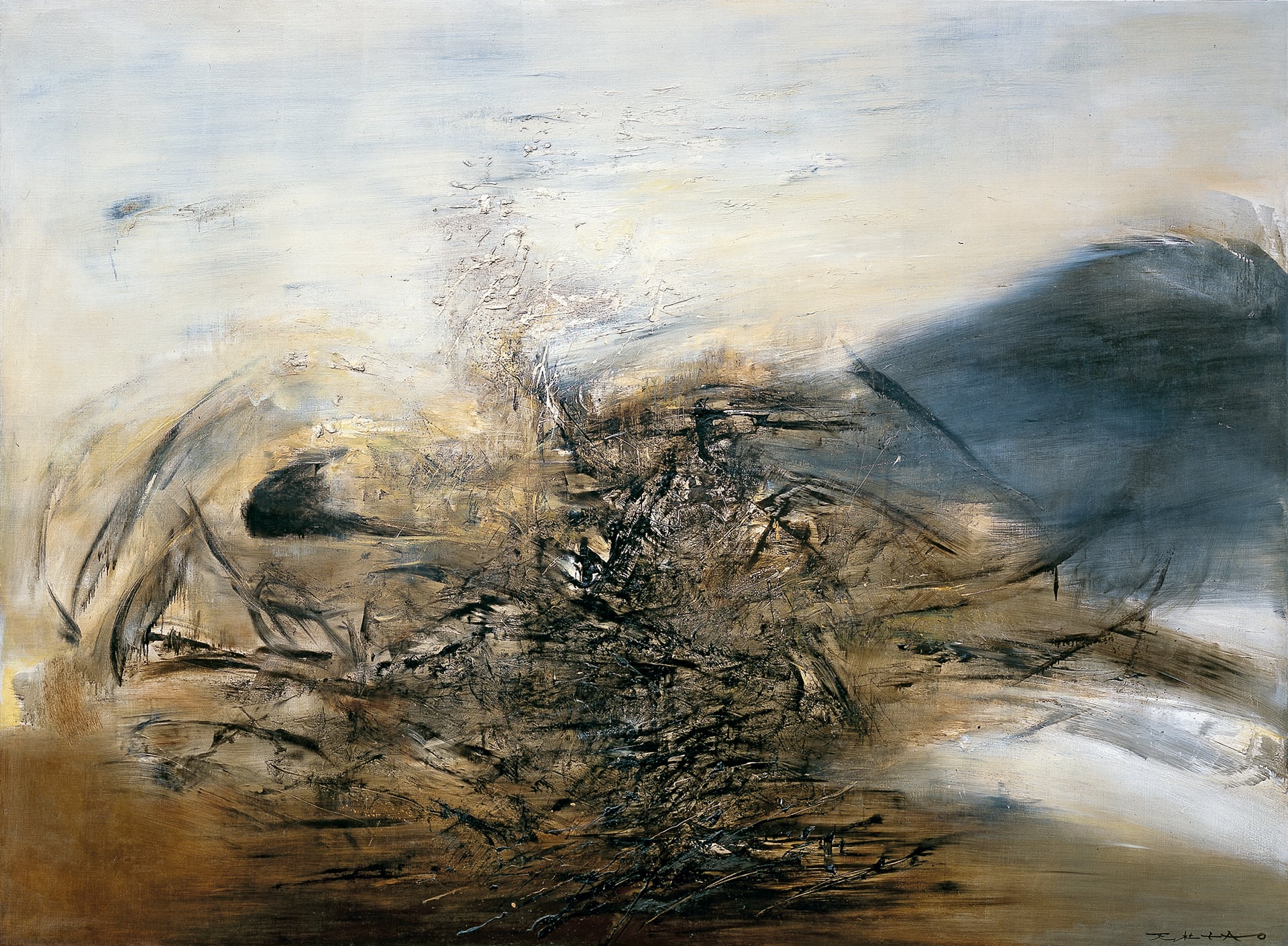 Hommage a Edgar Varese by Zao Wou-Ki, a sweeping black, ochre, white, and grey abstract composition