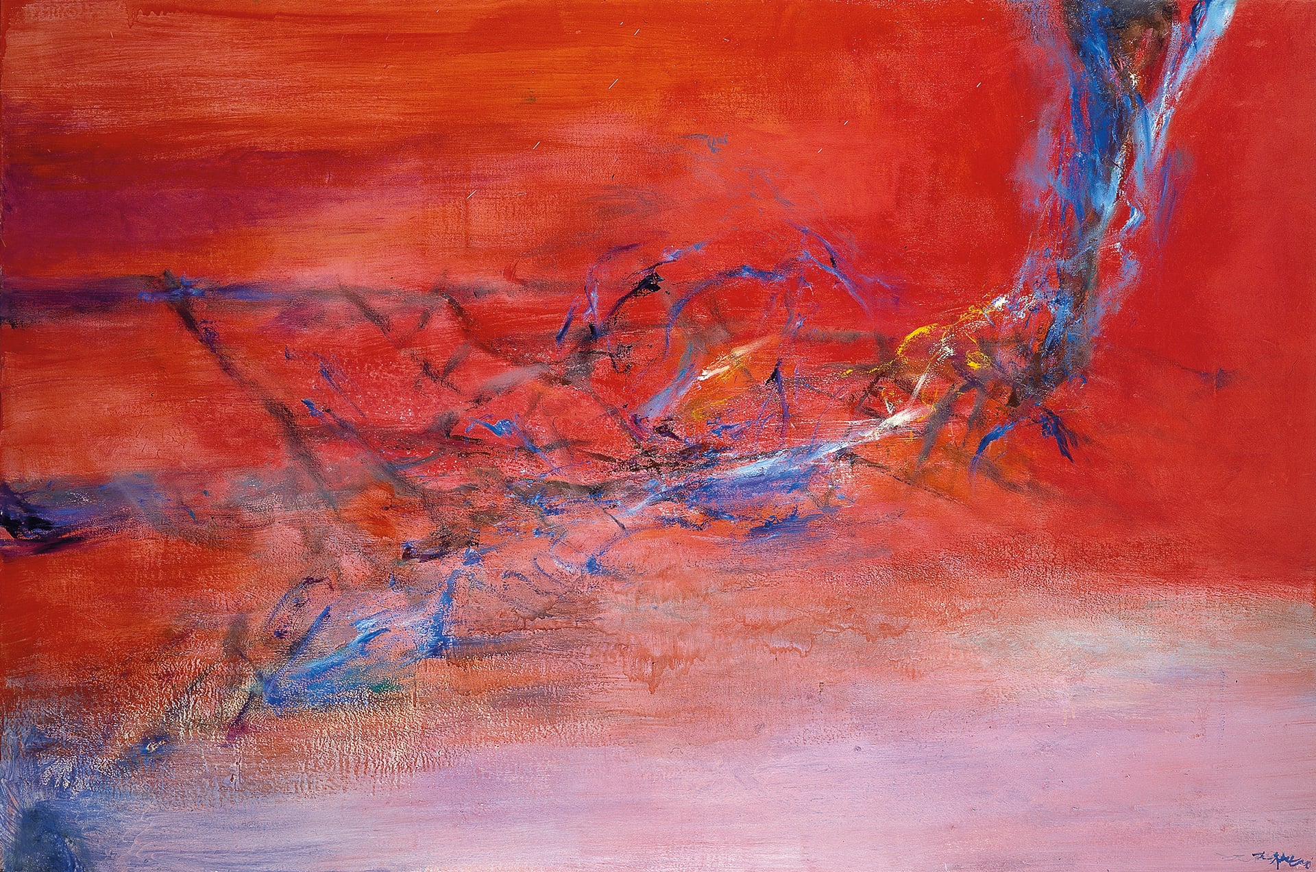 Terre rouge by Zao Wou-Ki, a vivid red abstract painting animated by blue, white, and yellow strokes