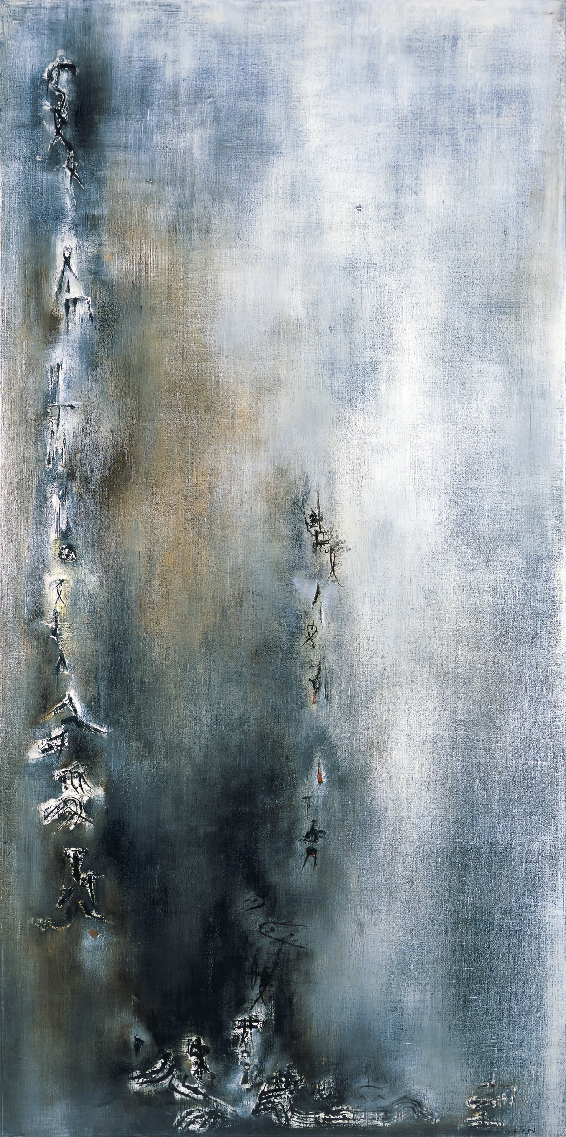 Vent by Zao Wou-Ki, a tall grey and black composition crossed by a cascade of invented signs